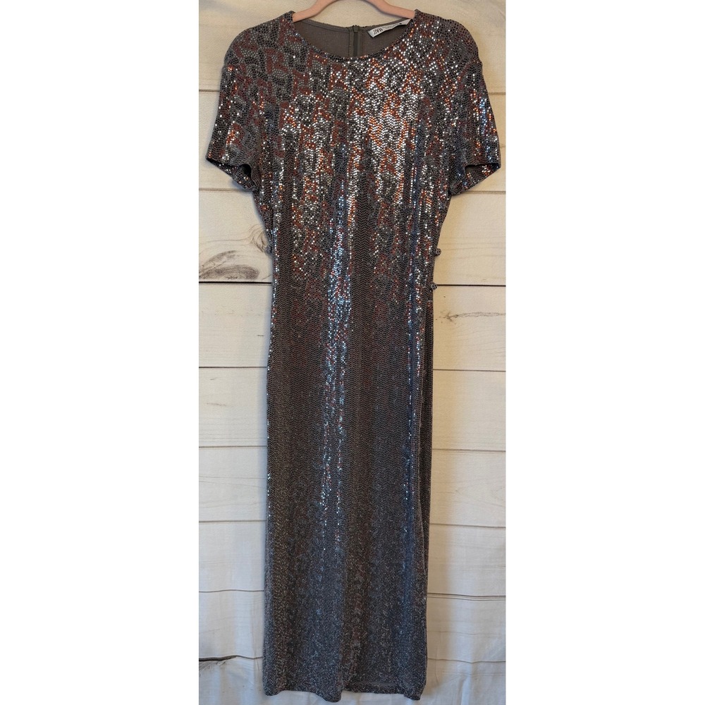Zara Sequin Midi Dress Grey Silver Copper Short Sleeve Side Slit Size S